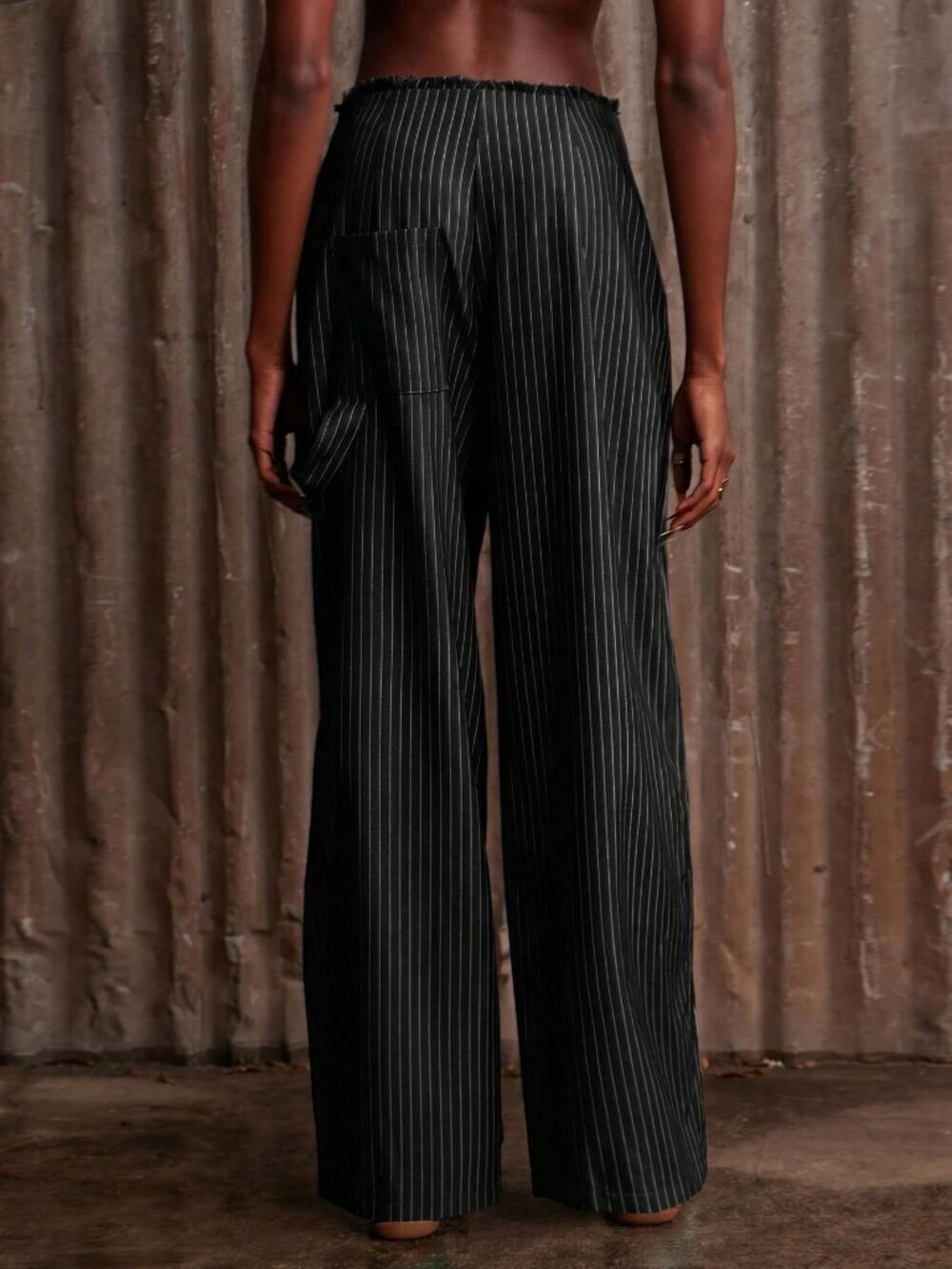 Black Casual Women's Mid Rise Wide Leg Pinstripe Pants - Picture 6 of 7